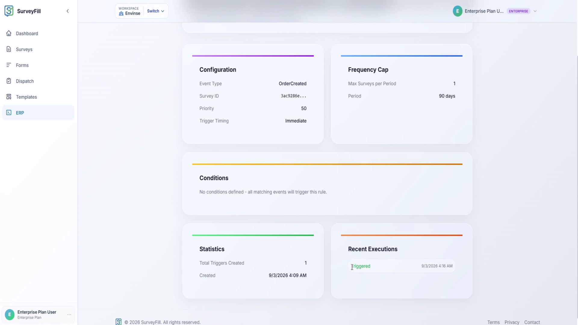SurveyFill ERP integration showing a successful Acumatica Order Created trigger execution
