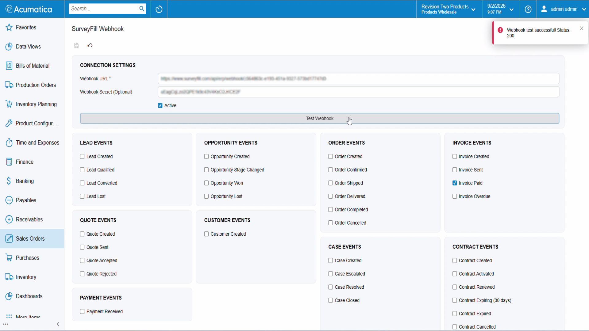 Acumatica SurveyFill webhook configuration showing a successful status 200 test