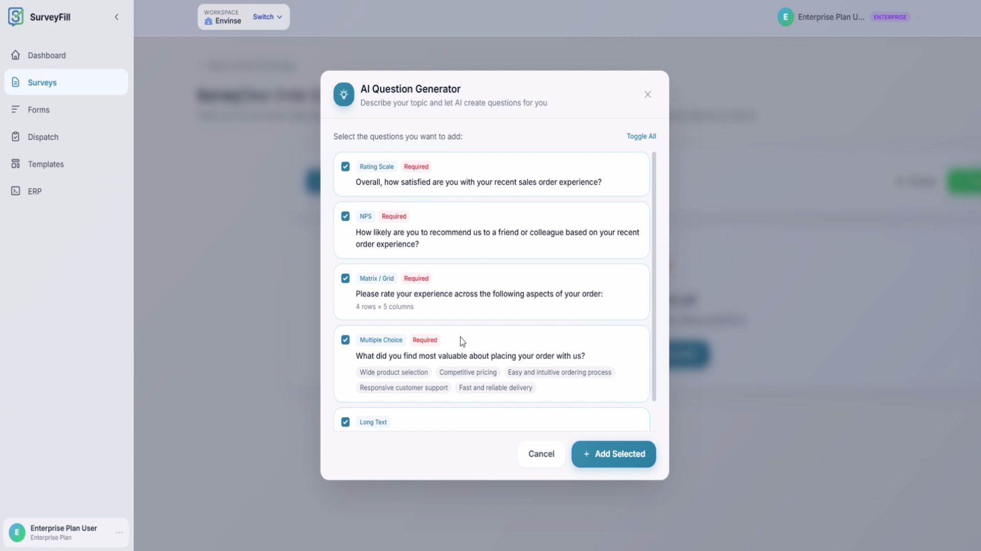SurveyFill AI question generator creating five customer experience survey questions
