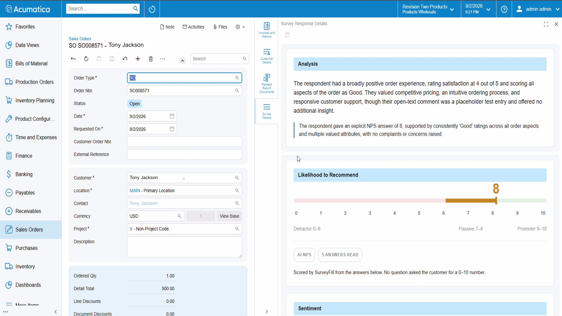 Acumatica sales order displaying SurveyFill's AI analysis and NPS score