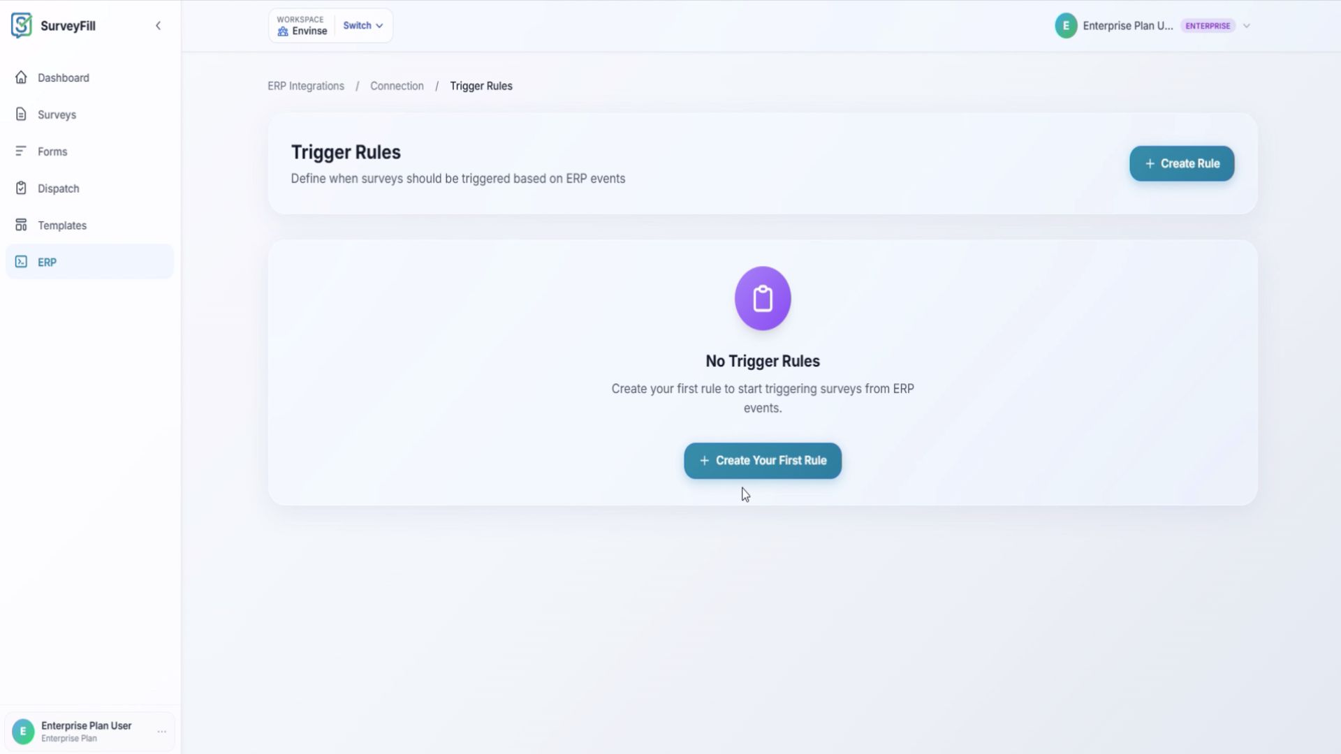 SurveyFill trigger rule configured for an Acumatica Order Created event with an immediate send and 90-day frequency cap