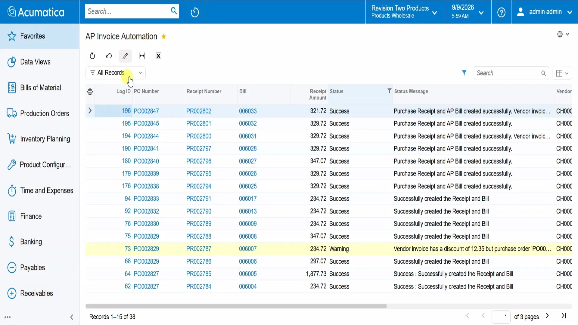 AP Invoice Automation log in Acumatica showing purchase order, receipt and bill numbers, receipt amounts, success and warning statuses, and processing messages.