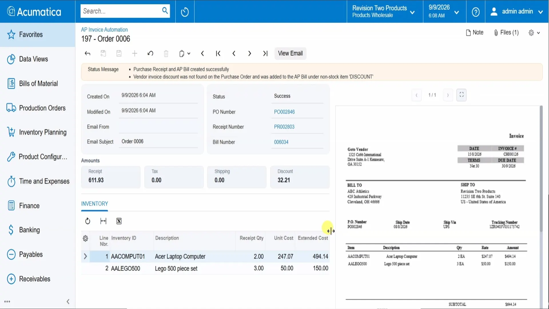 Acumatica AP Invoice Automation detail showing linked PO, receipt and bill numbers, extracted inventory lines, the original invoice preview, and a message documenting the added discount.