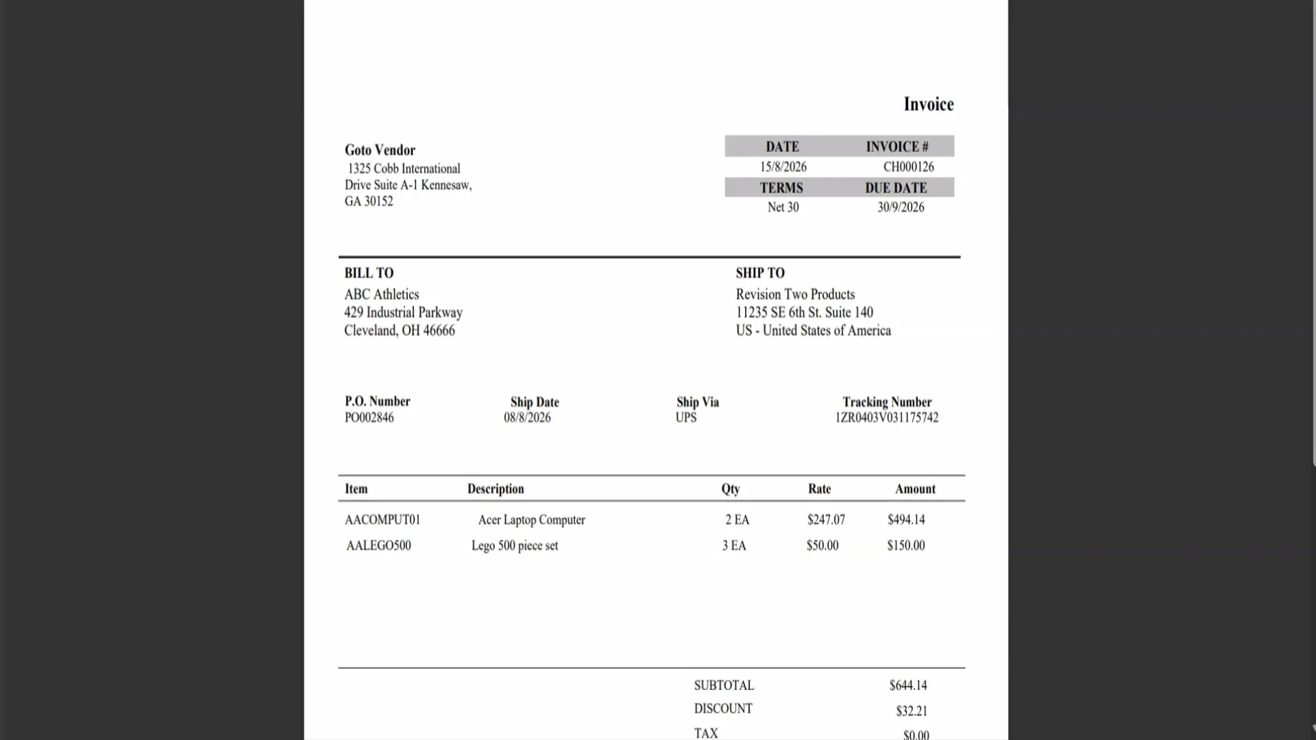 Vendor invoice PDF showing the purchase order reference, invoice number, payment terms, item quantities, unit prices, and discount.