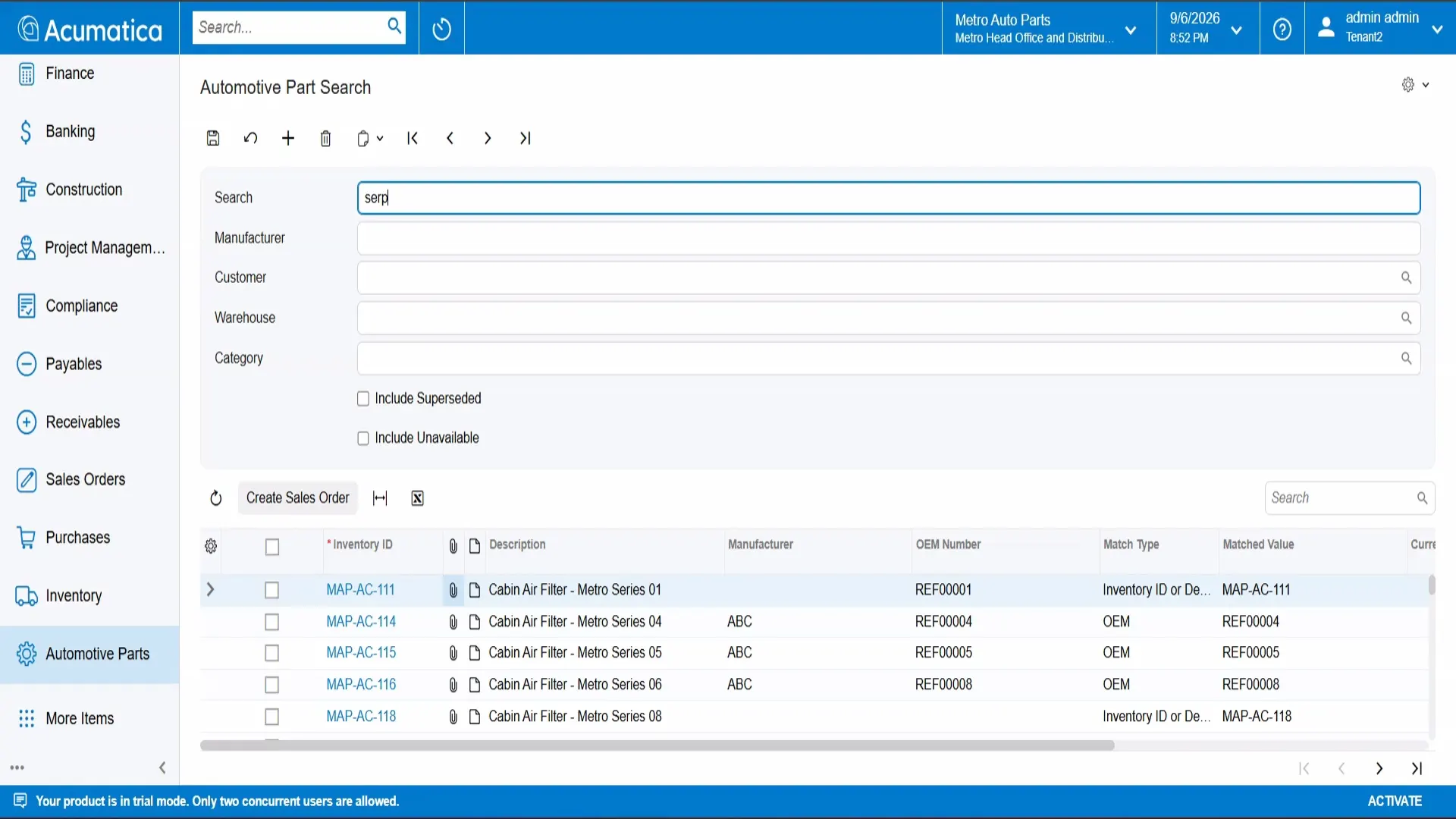 Searching automotive parts by keyword, OEM, and cross-reference in Acumatica