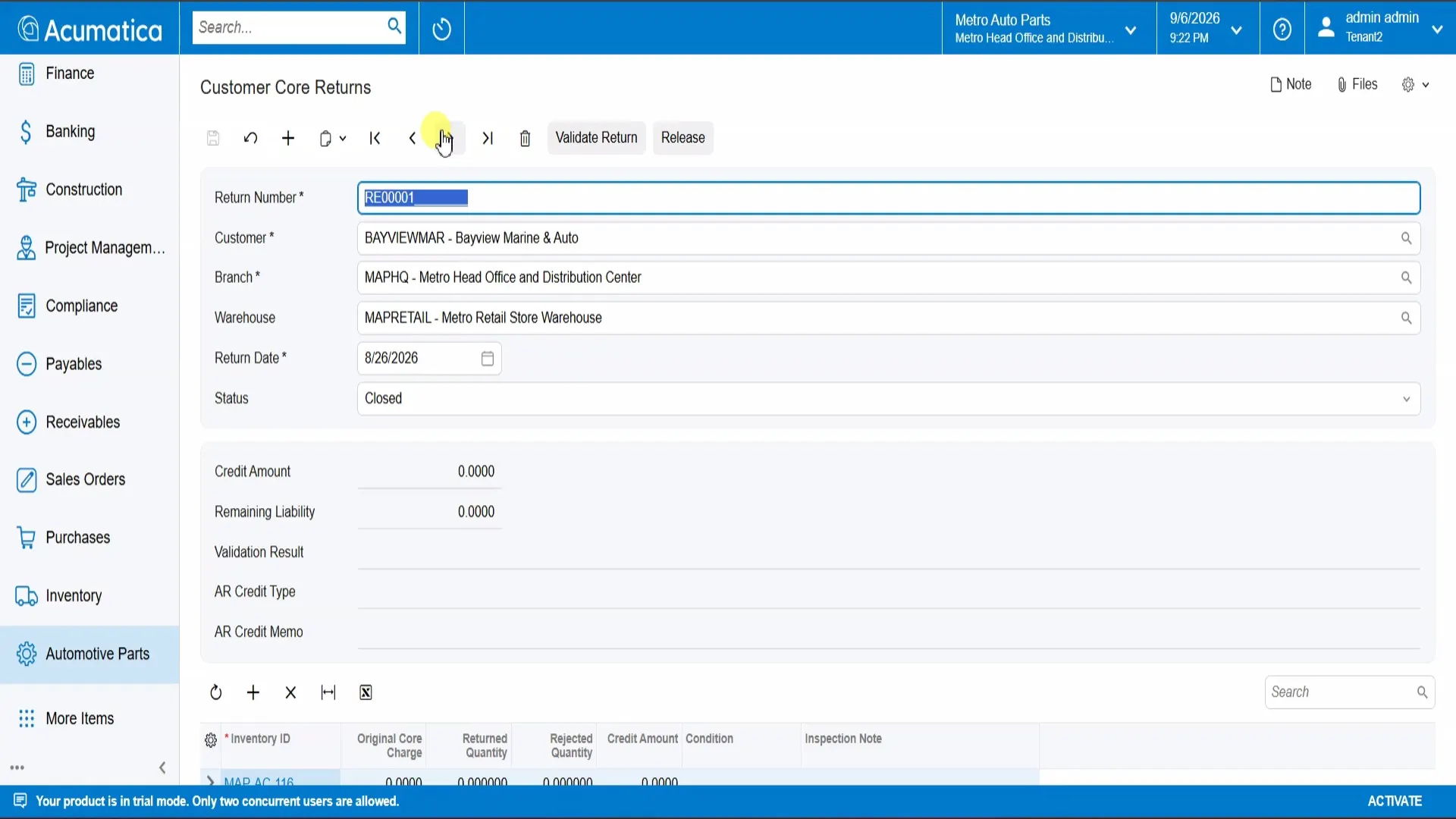 Customer and vendor core return tracking in Acumatica