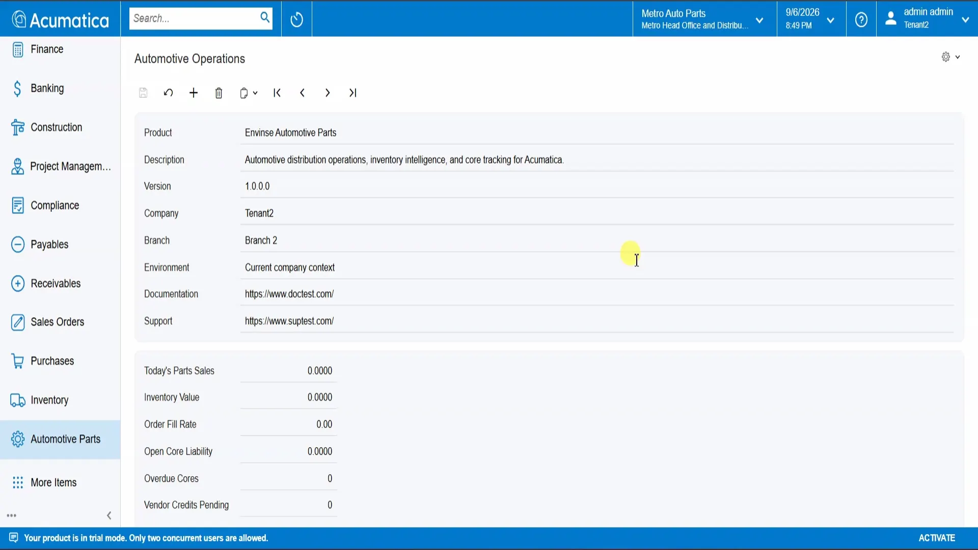 Envinse Automotive Parts module details and automotive operations KPIs in Acumatica 2025 R2