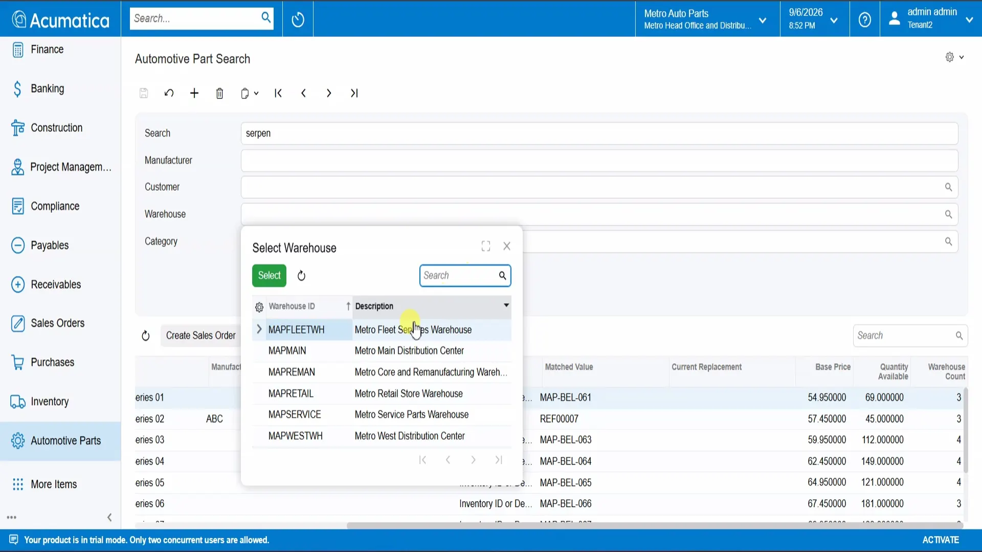 Real-time multi-warehouse parts availability in Acumatica