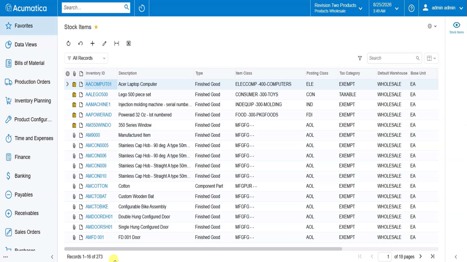 The Acumatica Sync History form (BC301000) showing synchronized records for products, orders, and inventory with their statuses.