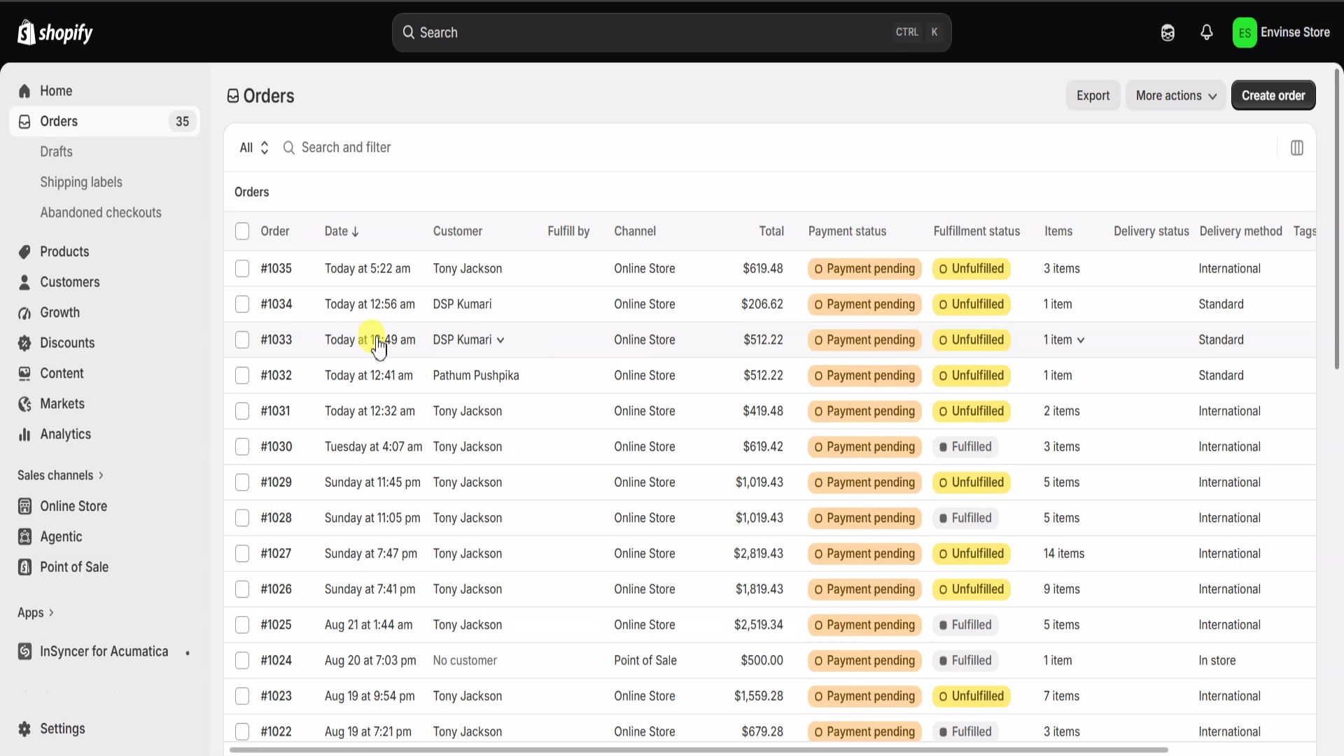 A completed Shopify order and the matching Acumatica sales order side by side, illustrating a connected eCommerce-to-ERP workflow.