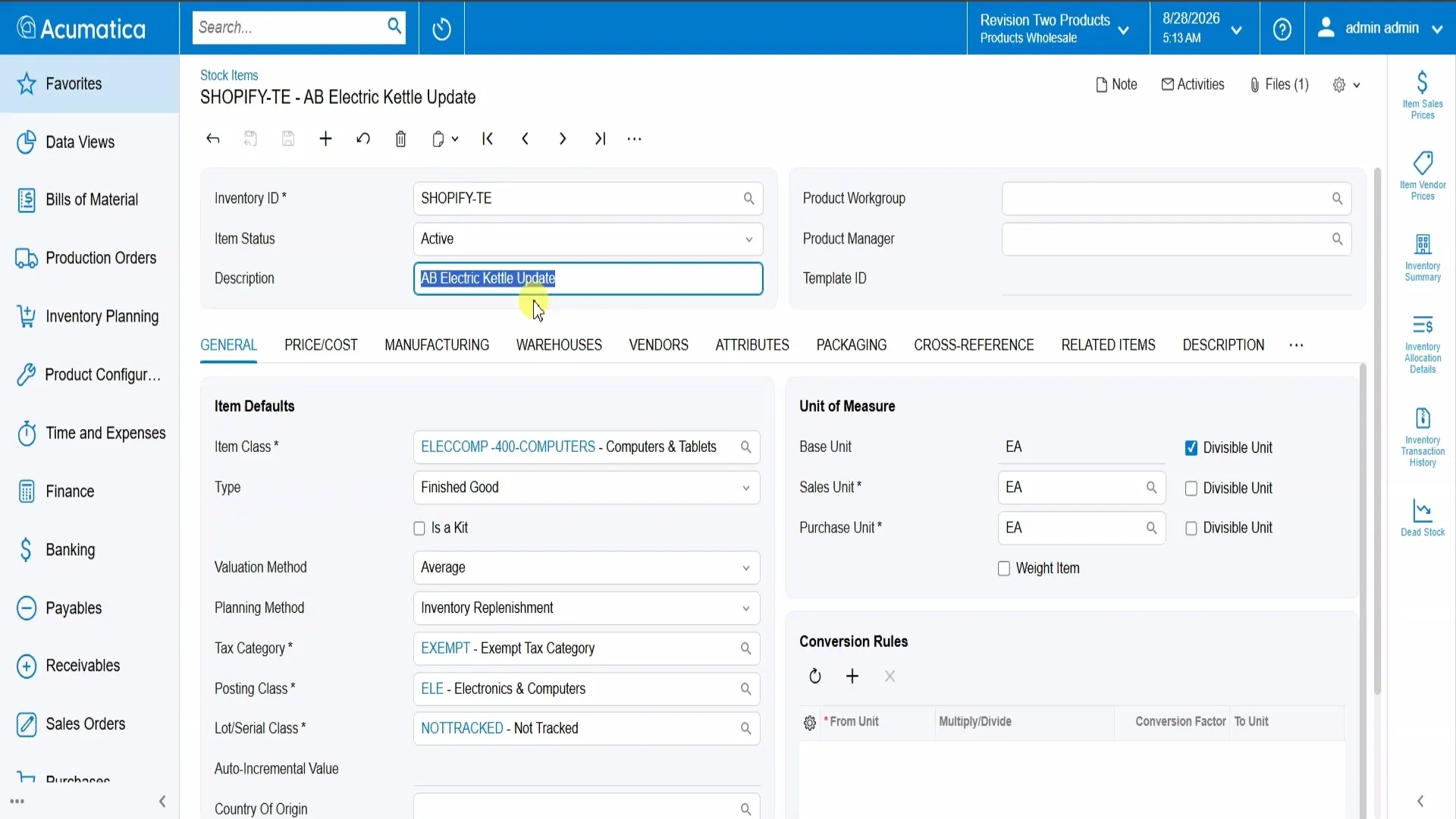 Acumatica Shopify Stores configuration screen with the Entity Settings tab showing customers, inventory, orders, payments, and shipping activated for synchronization.