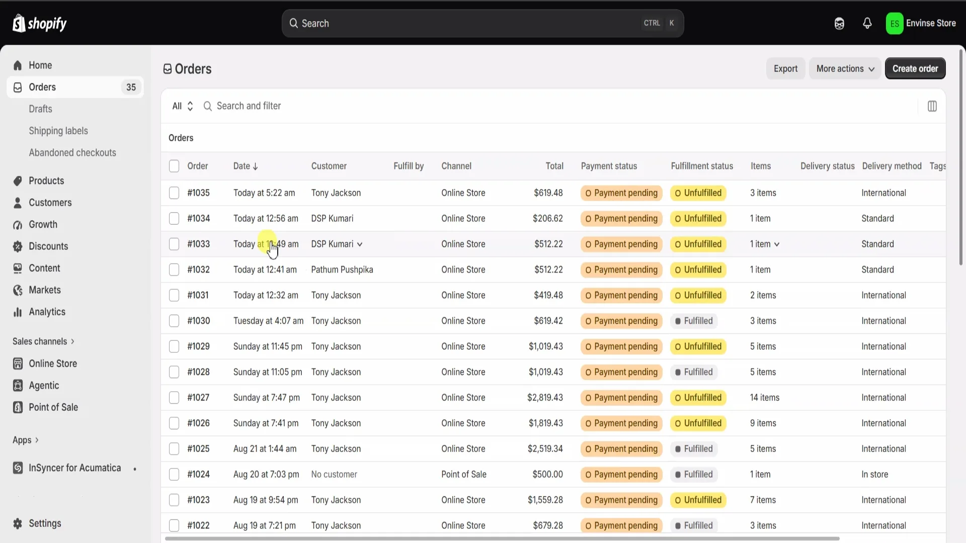 A completed Shopify order alongside the corresponding Acumatica sales order, showing matching customer, products, quantities, pricing, and the Shopify order reference.
