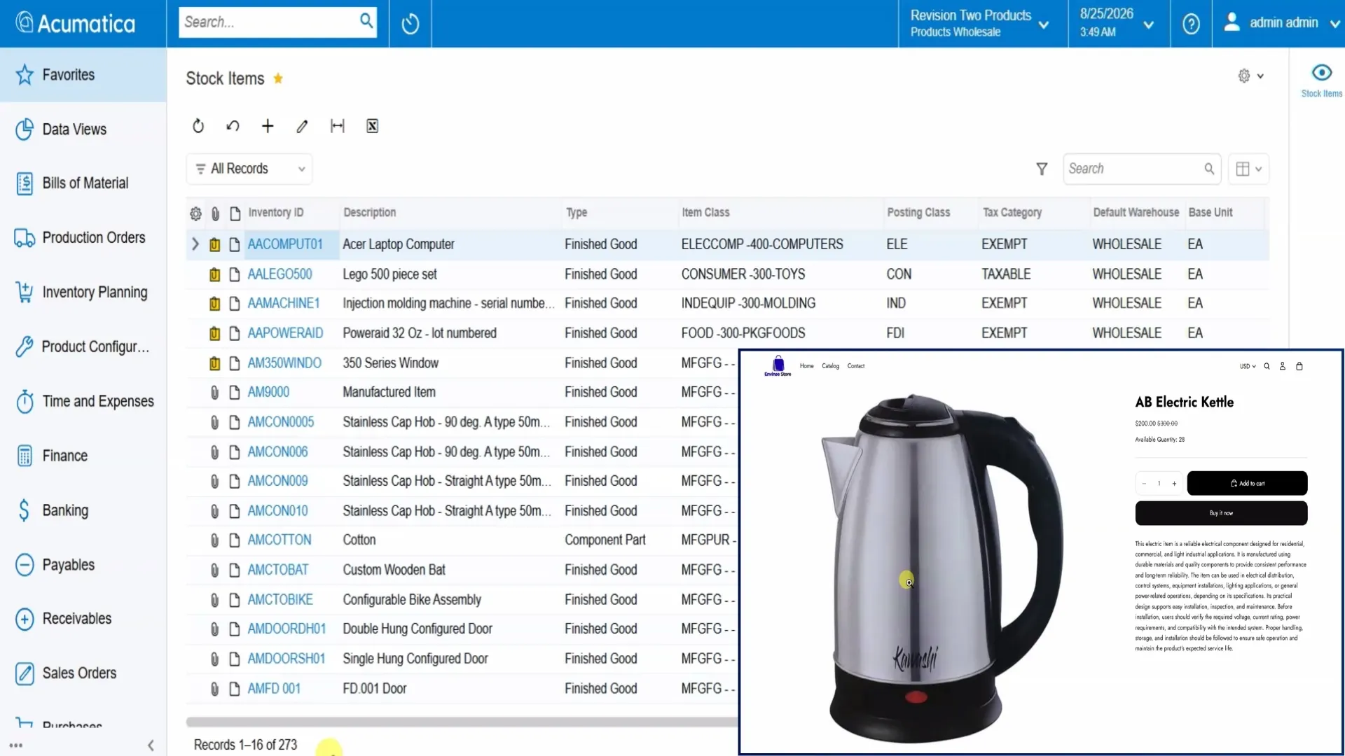 A Shopify product page on the left and the matching Acumatica stock item and inventory record on the right, showing the same product kept in sync across storefront and ERP.
