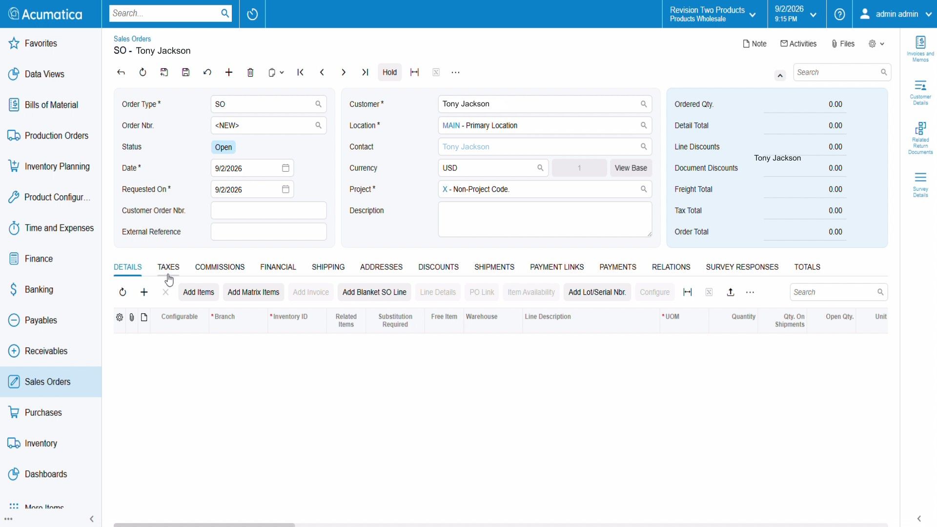 Acumatica sales order with a Survey Responses tab added for automated customer feedback