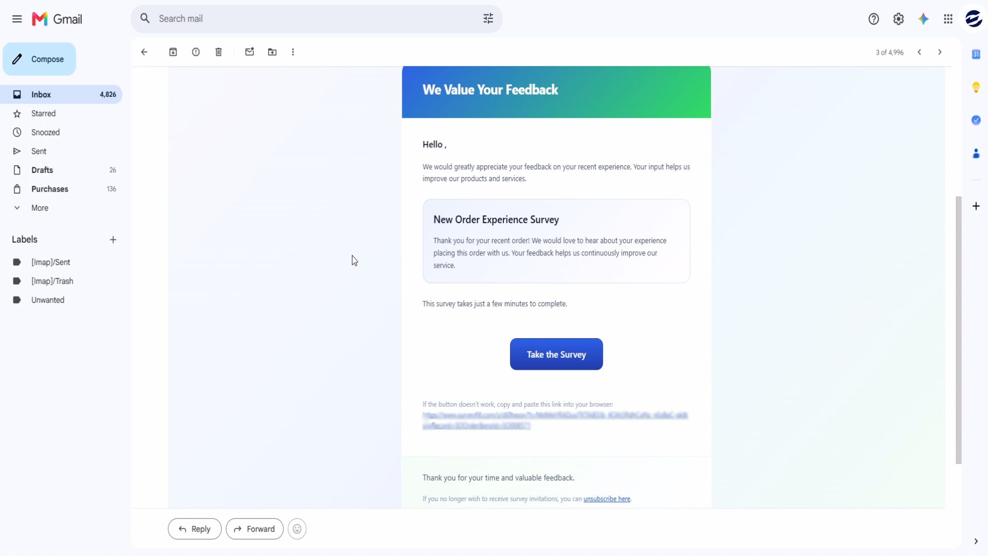Automated New Order Experience Survey invitation email sent after an Acumatica sales order event