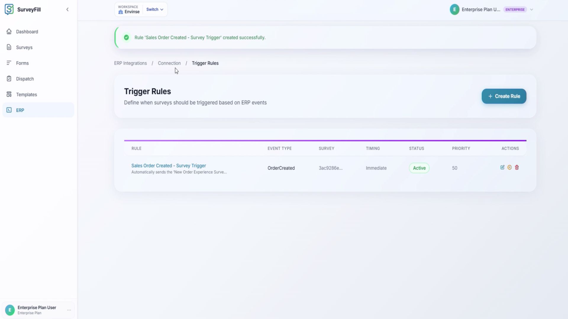 SurveyFill active trigger rule configured to send a survey when an Acumatica sales order is created